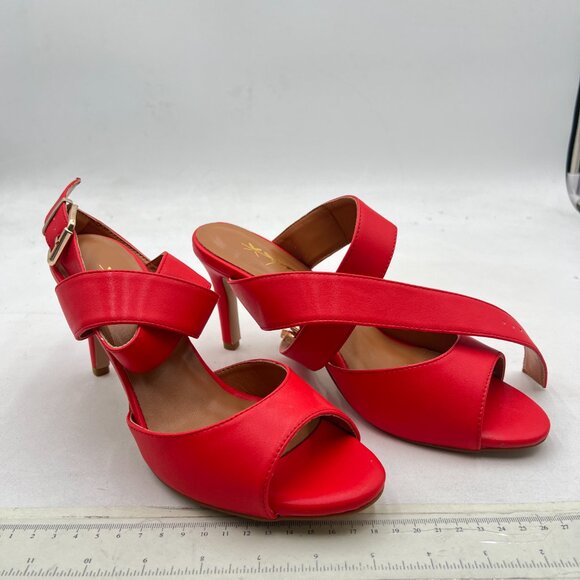 XYD Red High Heel Slingback Sandal Open Toe Buckled Cross Ankle Strap Dress Shoe - Picture 4 of 8